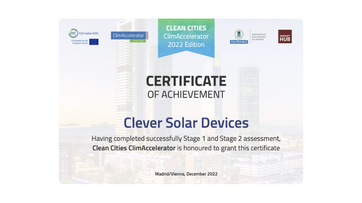 Clever Solar Devices ha recibido la Certificación Europea del Climate KIC Acceleration Certification de la Edición Clean Cities 2022